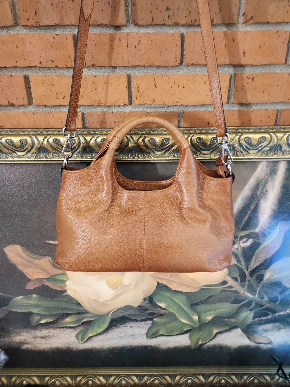Structured Tan Leather Shoulder Bag with Wrapped Top Handle - Picture 6 of 15